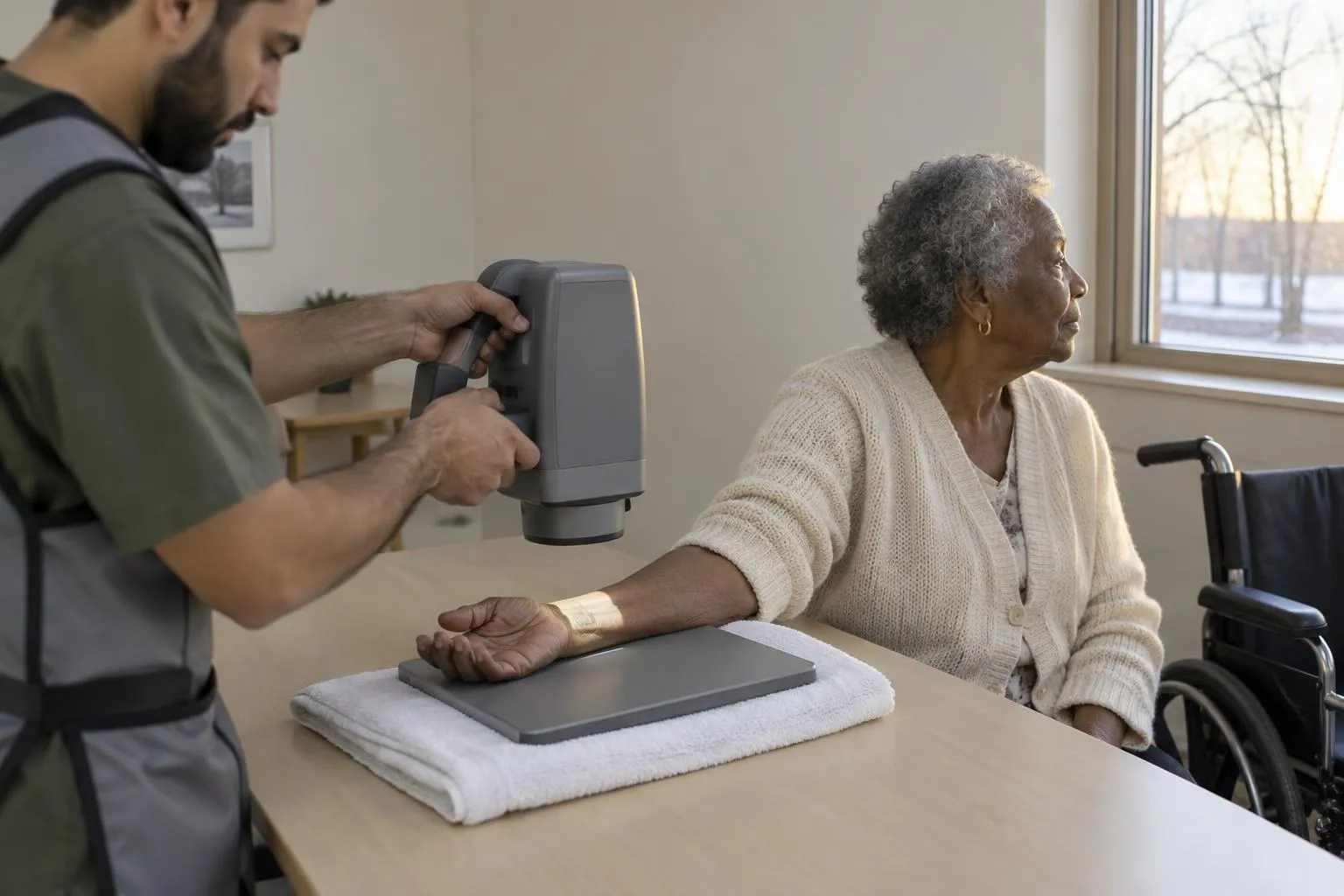 Technologist's hands hold a compact handheld X-ray source over a resident's wrist resting on a flat detector in a winter day room.