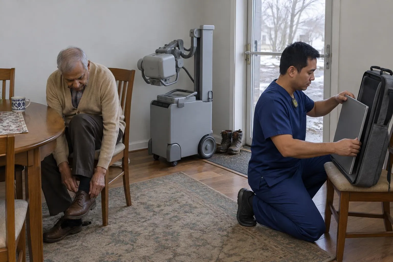 A technologist packs a flat detector into a case as an elderly man bends to put on his shoe in a thaw-lit dining room.